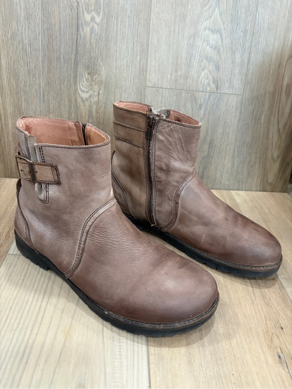 Birkenstock Stowe Moto Leather Lug Ankle Buckle Zip Boots 41 Regular Wide